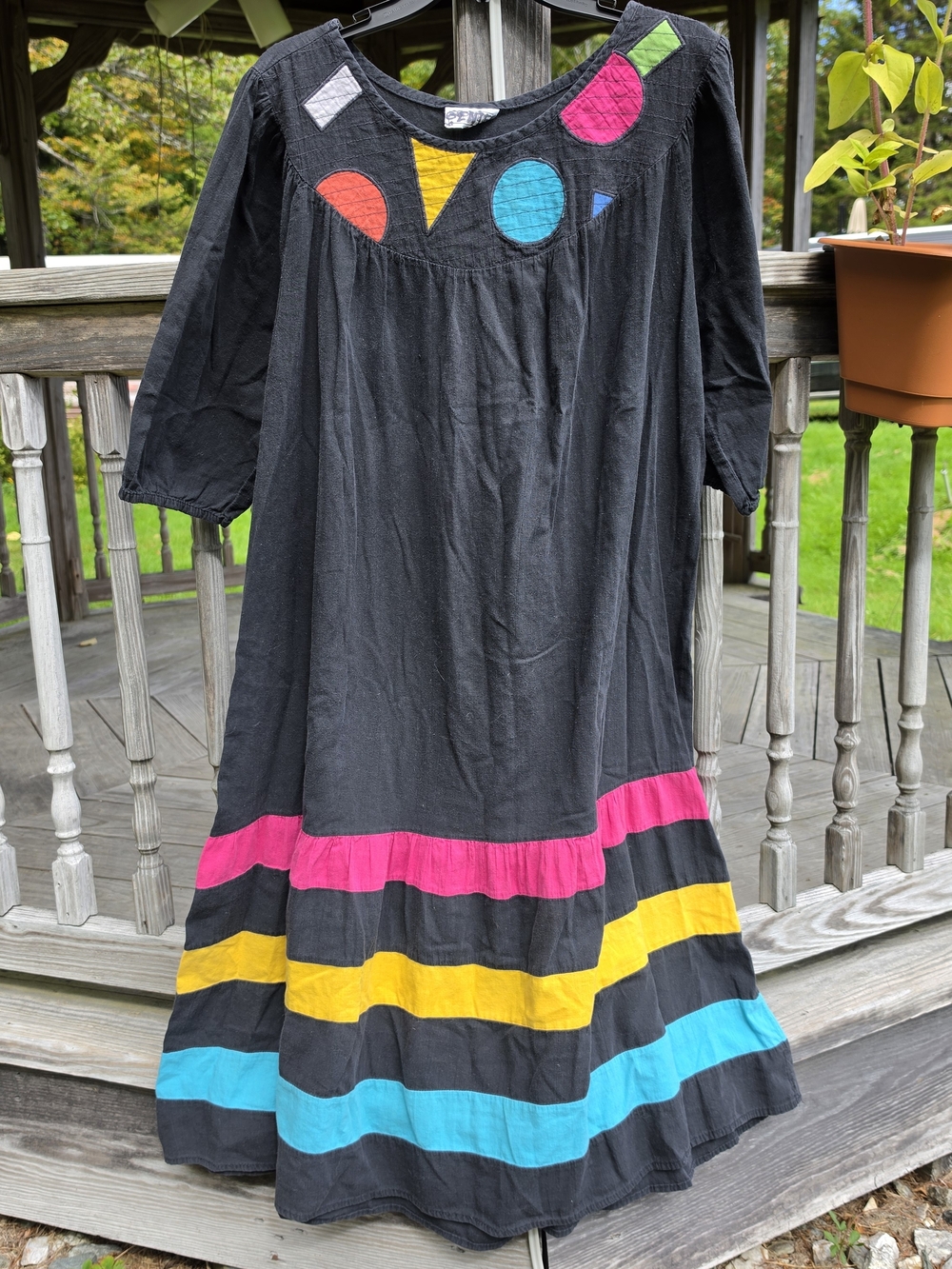 Vintage Appel Color Block Striped Mumu Dress in Black, Pink, Yellow, Blue